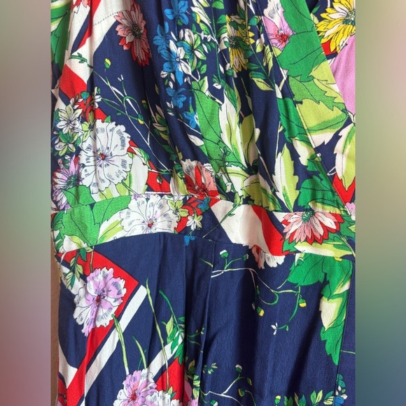 Maeve Anthropologie Spirited Navy Floral Stripe Print Faux Wrap Midi Dress 16 - Picture 6 of 13
